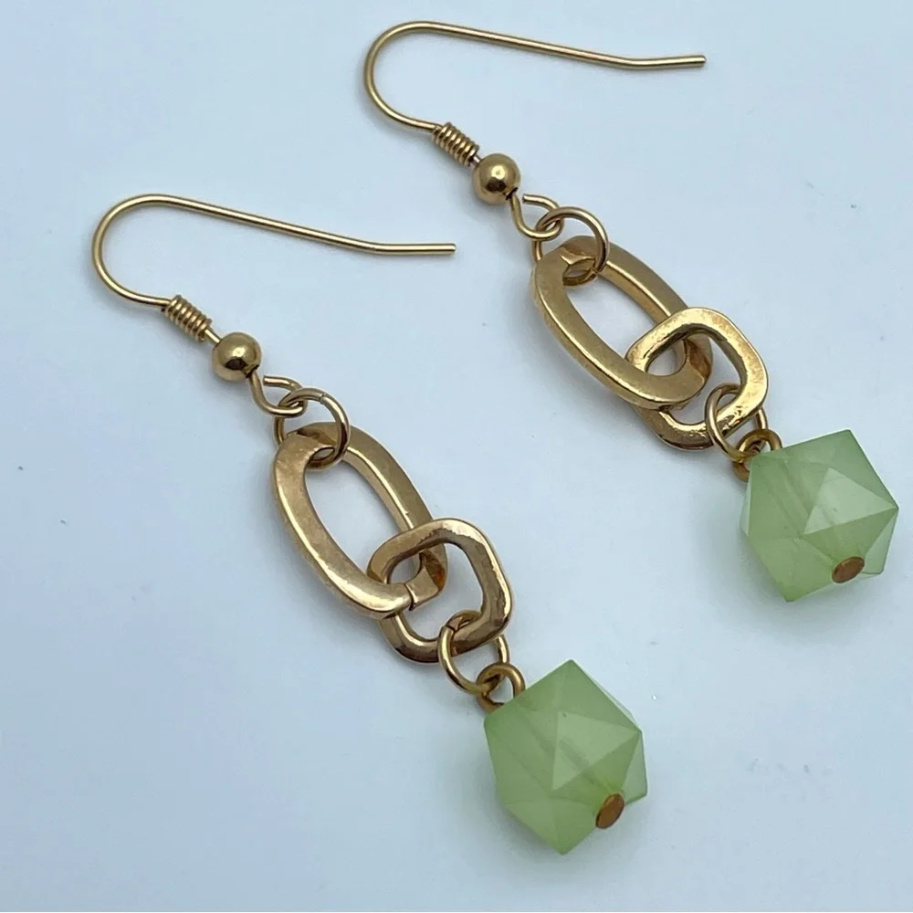 Premier Designs “With It” Gold Dangle Earrings with Green Beads